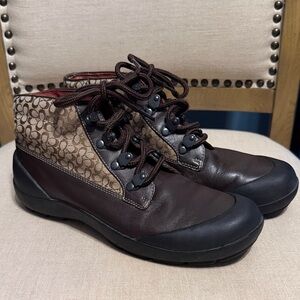 Coach “Dianne” Brown and Black Monogram Lace-Up Boots, Size 8M
